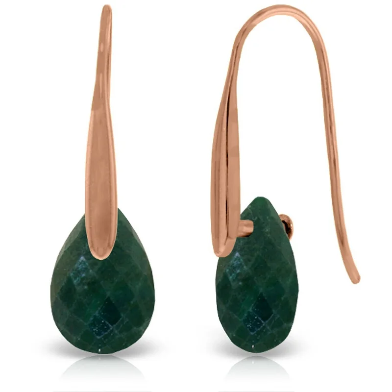 Wave pattern earrings-14K Solid Gold Fish Hook Earrings w/ Briolette Emerald Color Corundum