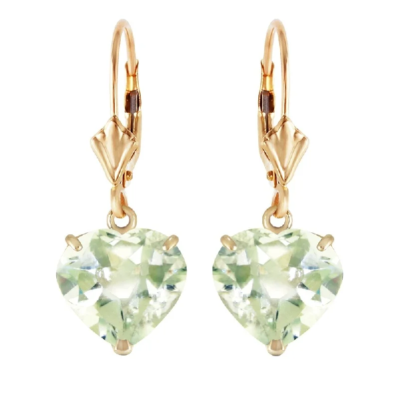 Retro style earrings-14K Solid Gold Leverback Earrings Natural 10mm Heart Green Amethysts