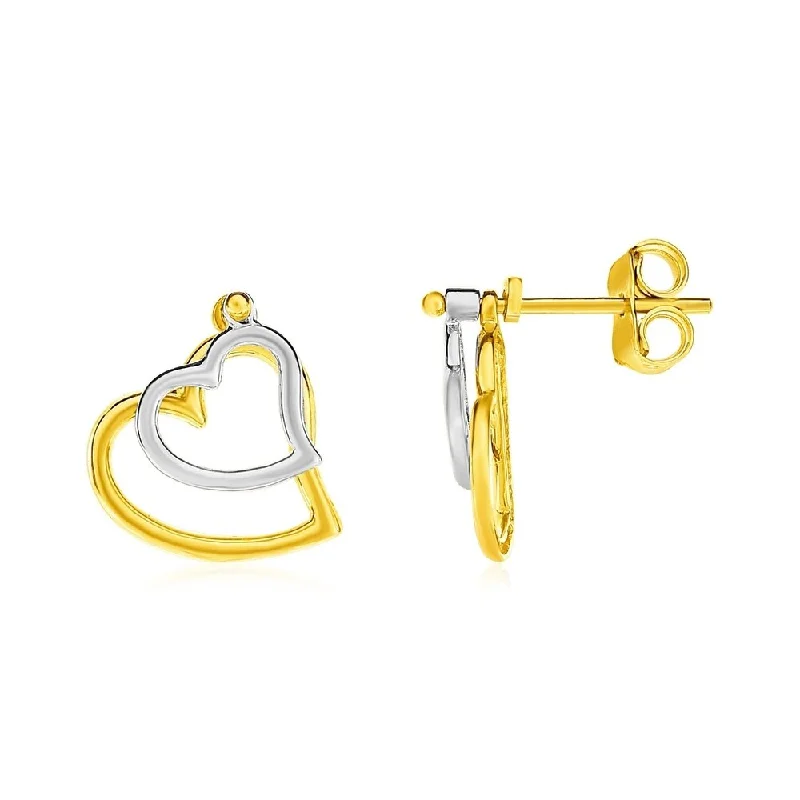 Double stud earrings-14k Two Tone Gold Post Earrings with Open Hearts