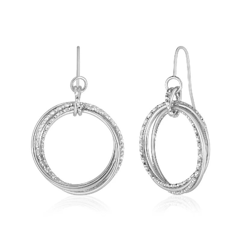 Retro style earrings-14k White Gold Earrings with Polished and Textured Interlocking Circle Dangles