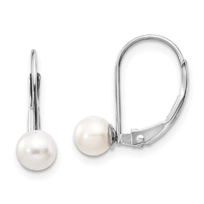 Long tassel earrings-14k White Gold Pearl Earrings w/ Leverback (L-18 mm, W-5 mm)