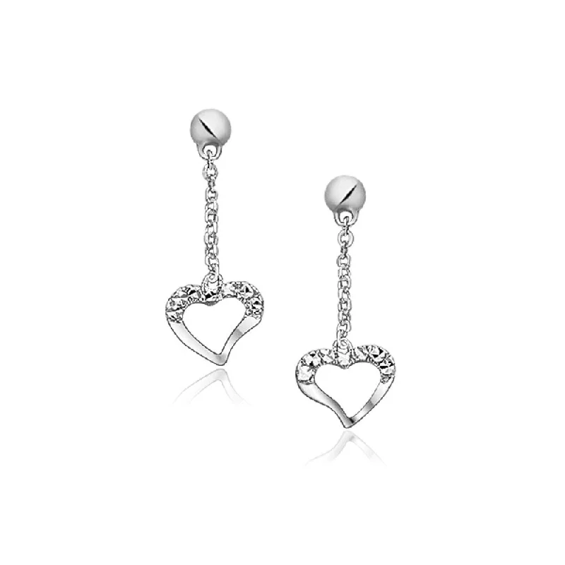 Morganite gem earrings-14k White Gold Sparkle Texture Heart Dangle Earrings