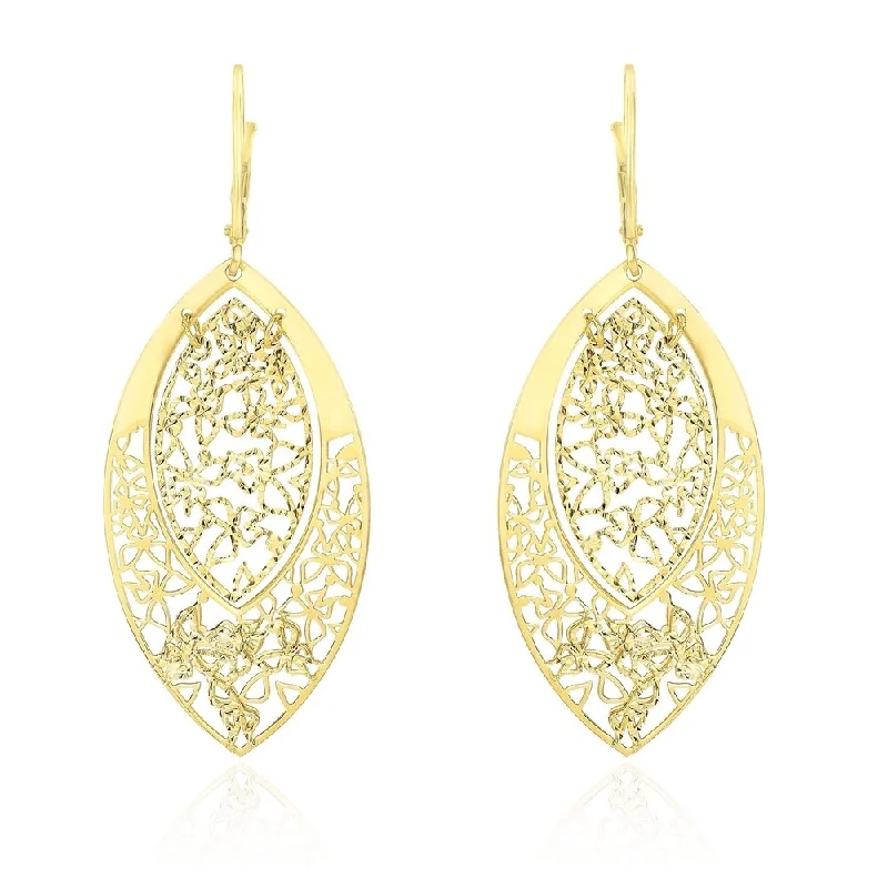 Vintage pearl drop earrings-14k Yellow Gold Butterfly Filigree Design Marquis Earrings