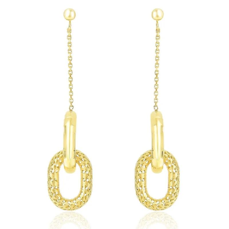 Ocean wave earrings-14k Yellow Gold Chain and Oval Motif Weave Style Dangling Earrings