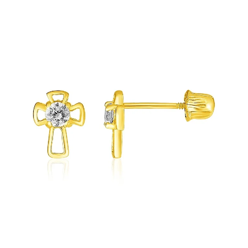 Engraved monogram earrings-14k Yellow Gold Cross Childrens Earrings