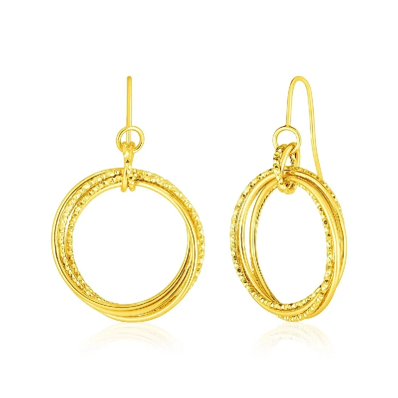 Vintage cameo earrings-14k Yellow Gold Earrings with Polished and Textured Interlocking Circle Dangles