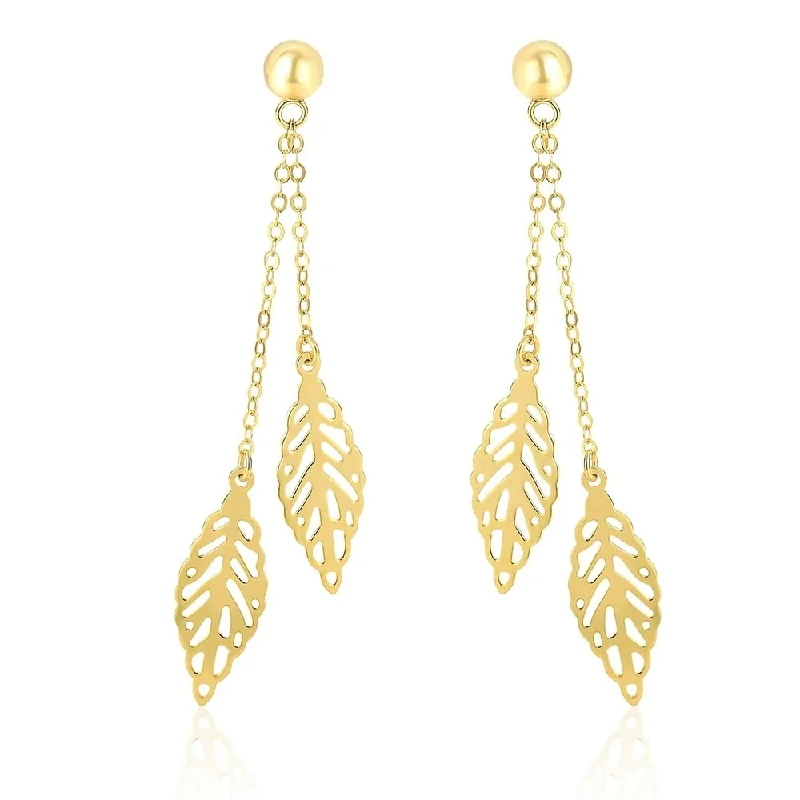 Serpent design earrings-14k Yellow Gold Filigree Leaf Double Strand Dangling Earrings