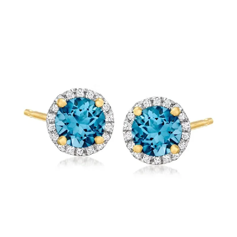 Vintage coin earrings-14k Yellow Gold London Blue Topaz and Diamond Classic Princess Di Halo Stud Earrings