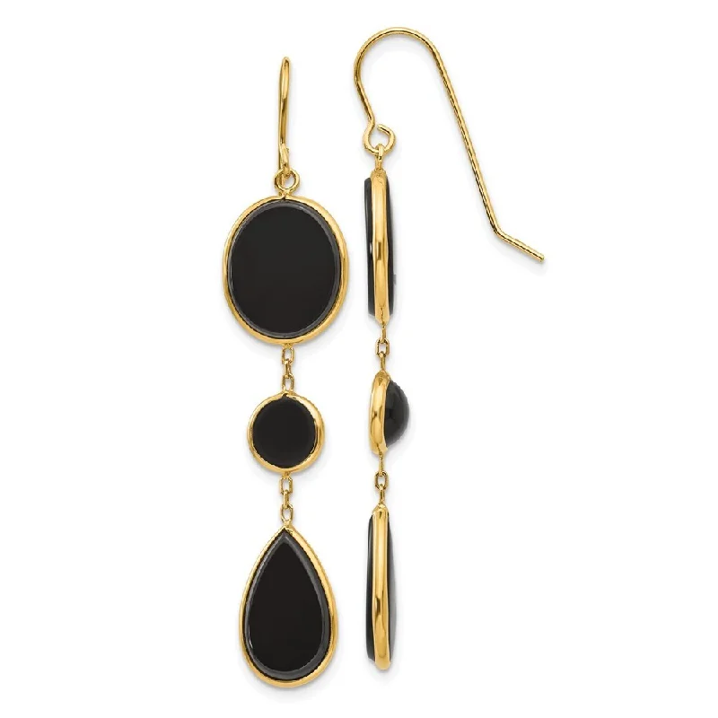 Enamel flower earrings-14k Yellow Gold Onyx Geometric Dangle Earrings (L-53 mm, W-10 mm)