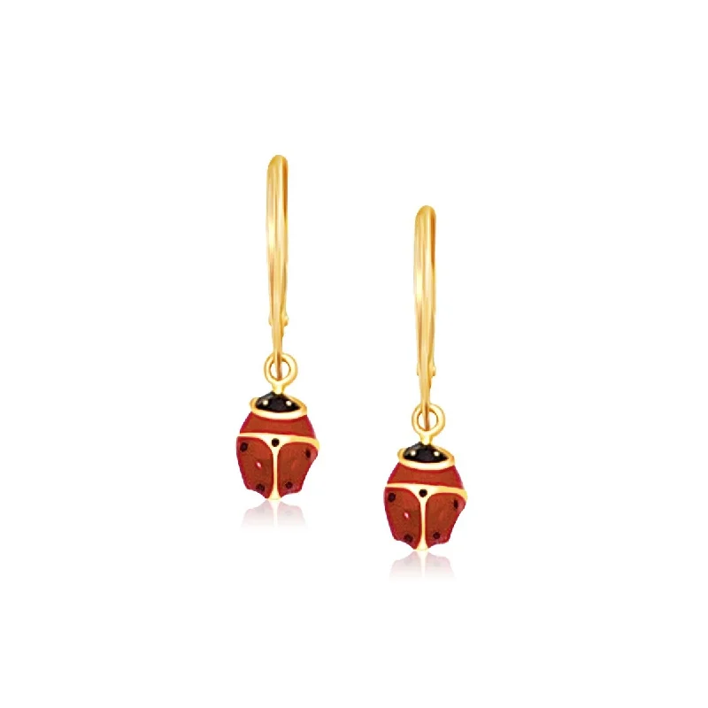 Citrine drop earrings-14k Yellow Gold Petite Enamel Lady Bug Drop Earrings