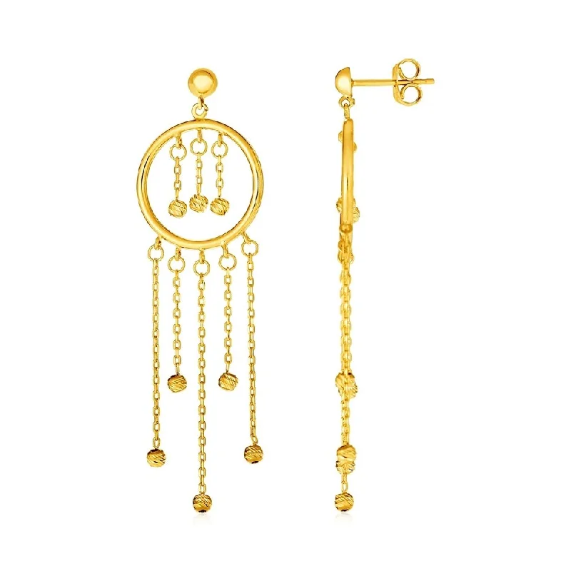 Elegant halo earrings-14k Yellow Gold Post Earrings with Circles and Round Bead Dangles