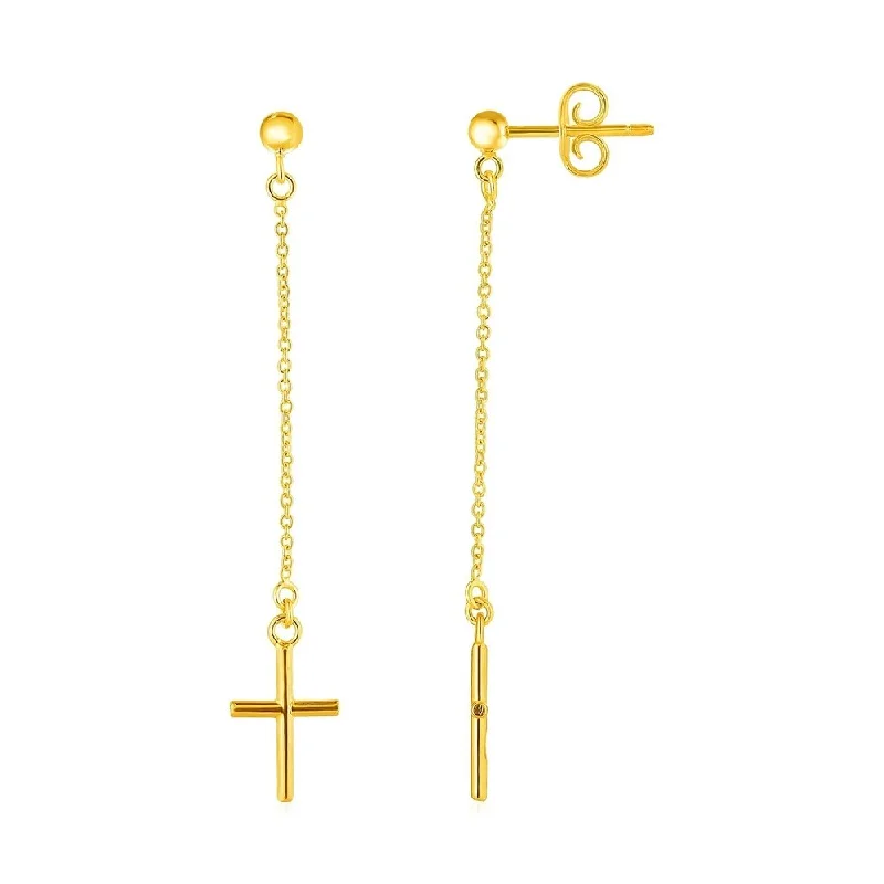 Minimalist bar earrings-14k Yellow Gold Post Earrings with Cross Dangles