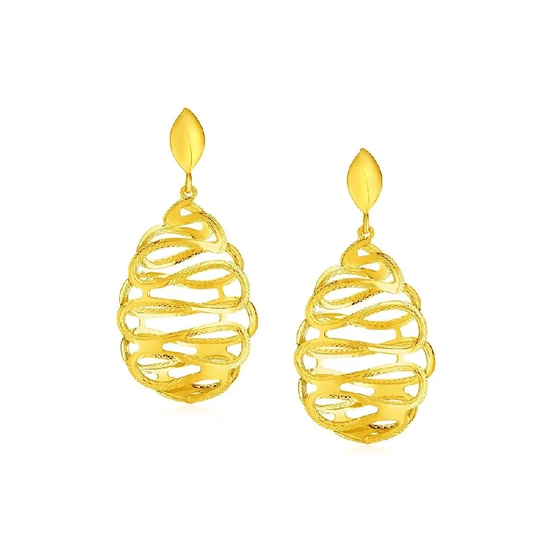 Knotted love earrings-14k Yellow Gold Post Earrings with Textured Wire Spiral Dangles