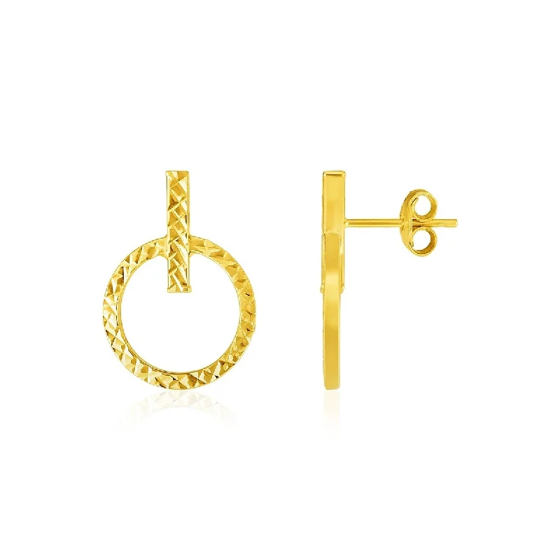 Triple stud earrings-14k Yellow Gold Textured Circle and Bar Post Earrings