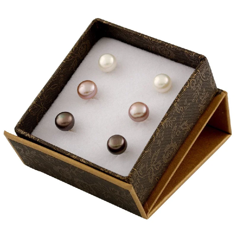 Triple stud earrings-14k Yellow Gold White and Pink Freshwater Pearl Stud Earrings (7-8mm)