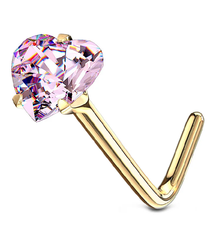 Triple stud earrings-14kt Gold Pink Heart CZ L Bend Nose Ring