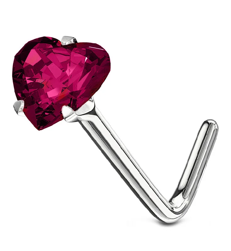 Textured hoop earrings-14kt White Gold Magenta Fusia Heart CZ L Bend Nose Ring