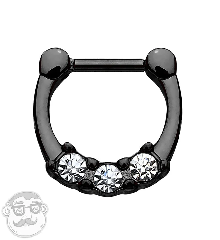 Heartbeat design earrings-16G PVD Black Triple CZ Gem Stainless Steel Septum Clicker