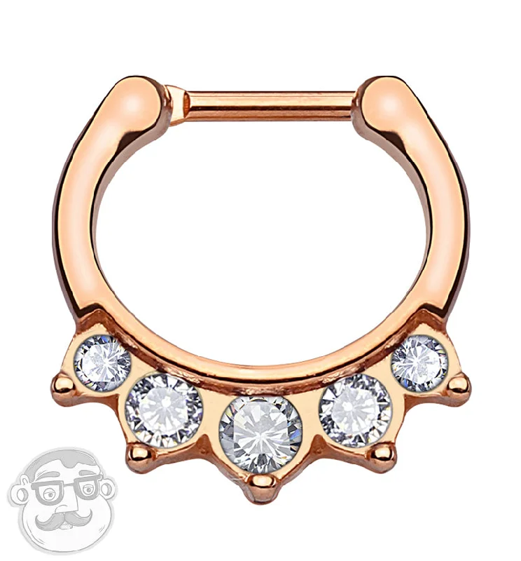 Multi-stone earrings-16G PVD Rose Gold Five CZ Gem Stainless Steel Septum Clicker