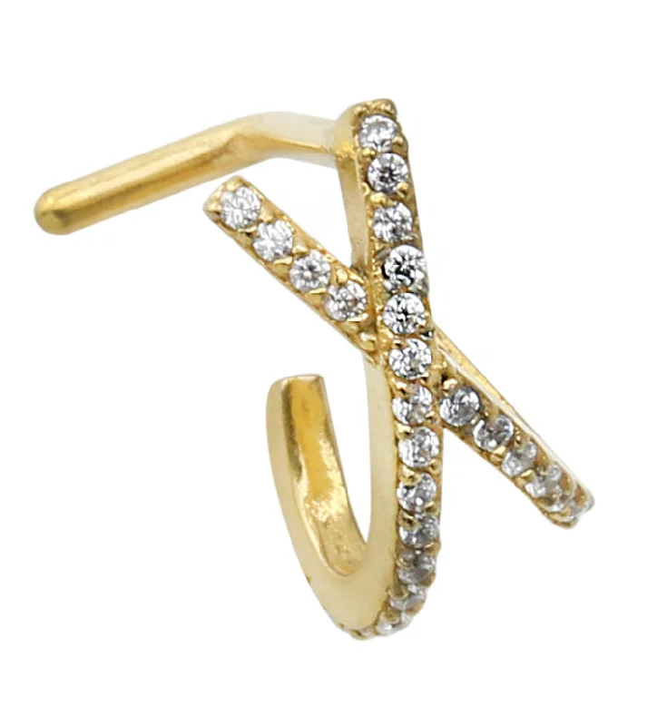 Wave pattern earrings-18G Gold PVD Intersect Double Line CZ Nose Curve