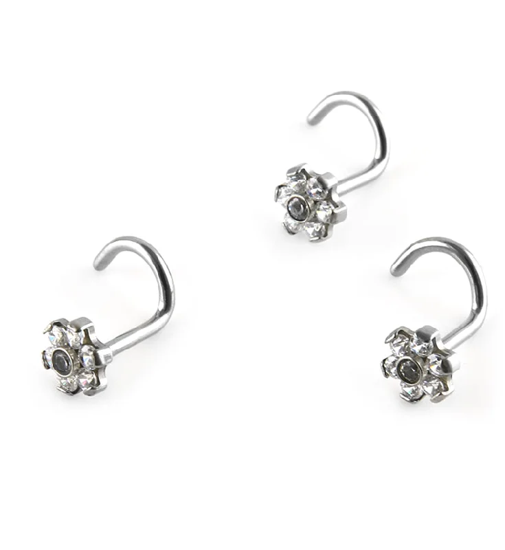 Rough stone earrings-18G Titanium Clear CZ Flower Nose Screw