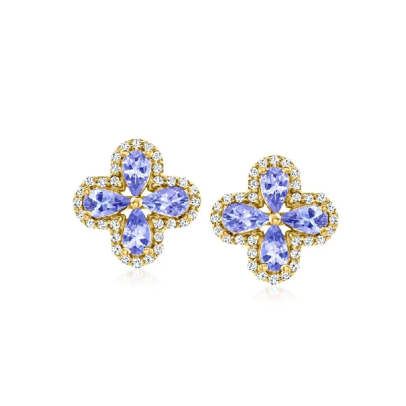 Sapphire teardrop earrings-18k Yellow Gold Over sterling Silver, Tanzanite Gemstone Flower Stud Earrings