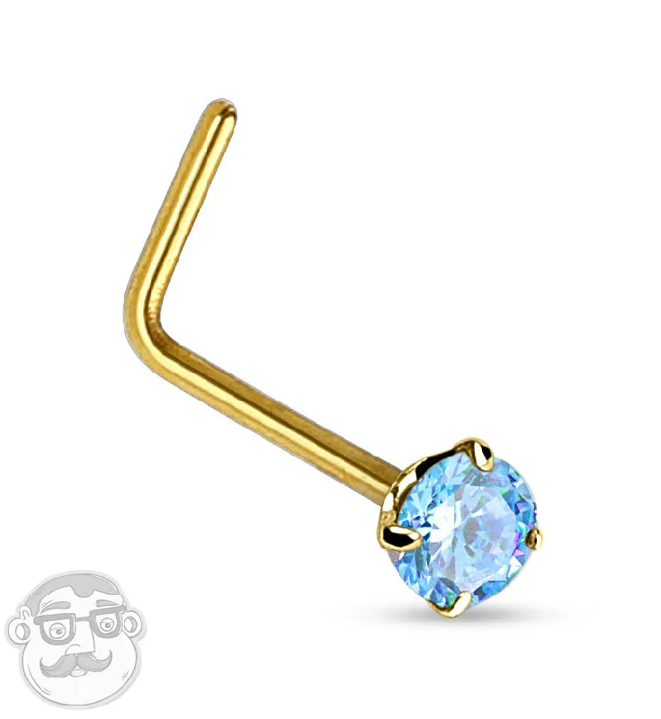 Minimalist bar earrings-20G 14kt Gold L Bend Aqua CZ Top Nose Ring