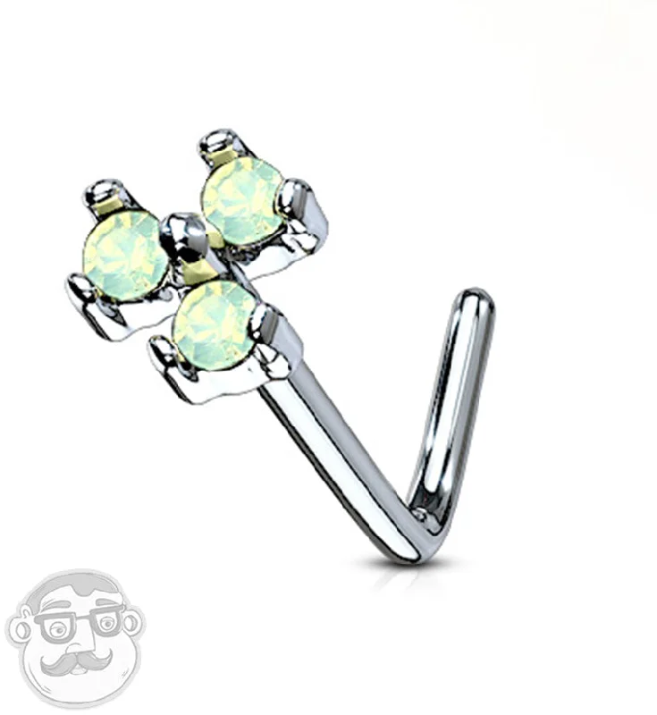 Textured hoop earrings-20G Green Opalite Trinity L Bend Nose Stud