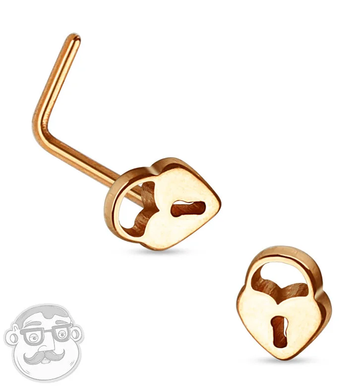 Gold teardrop earrings-20G Rose Gold Love Lock Top Stainless Steel L Bend Nose Ring