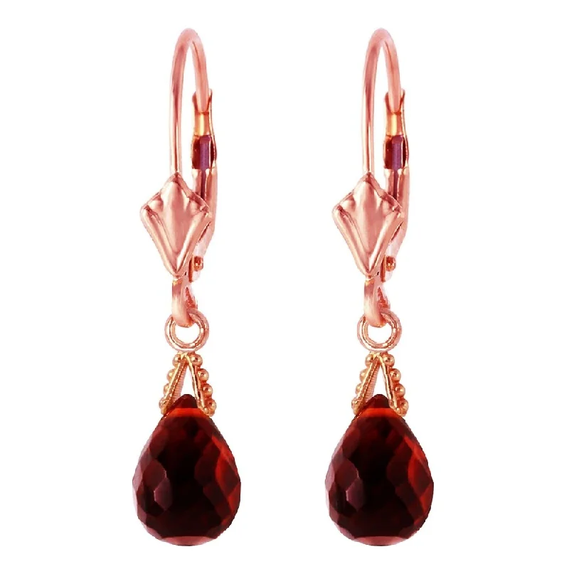 Wave design earrings-4.5 Carat 14K Solid Rose Gold Leverback Earrings Briolette Garnet