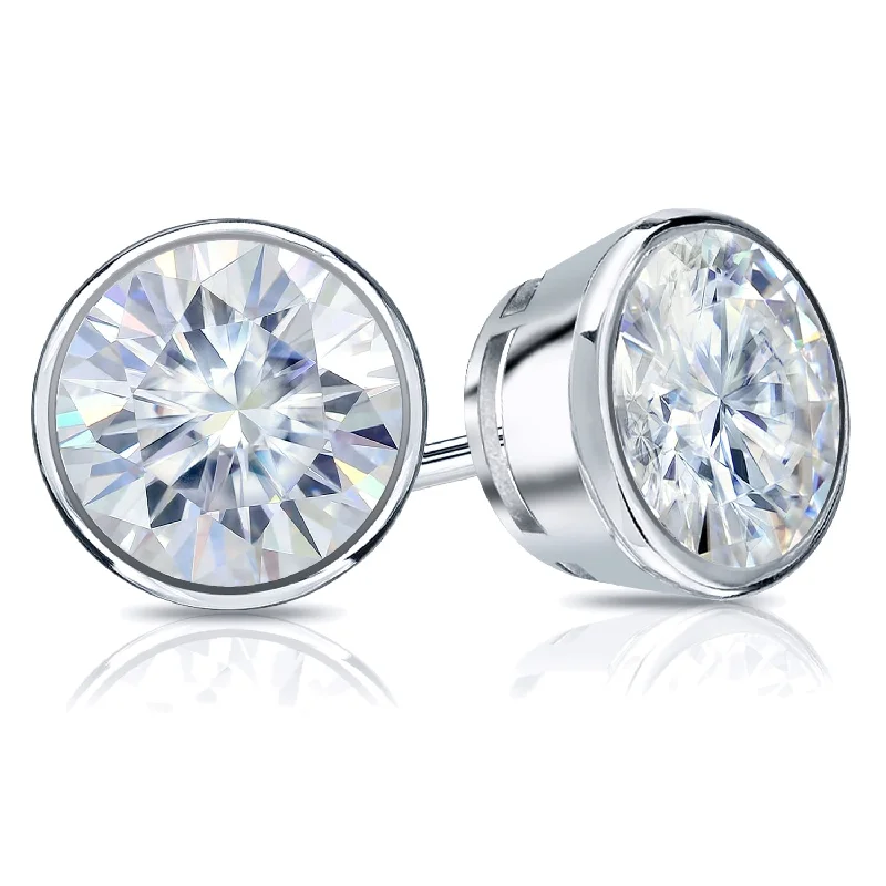 Raw crystal earrings-Auriya 18k Gold 3ctw Bezel-set Round Moissanite Stud Earrings - 7.4 mm