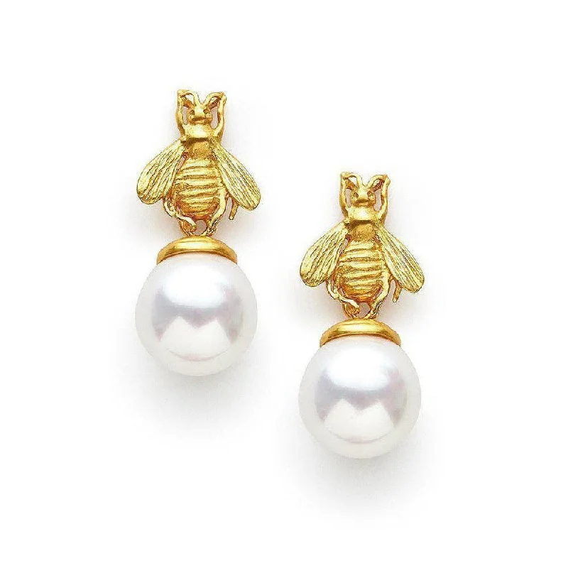 Dainty initial earrings-Bee Pearl Drop Earring