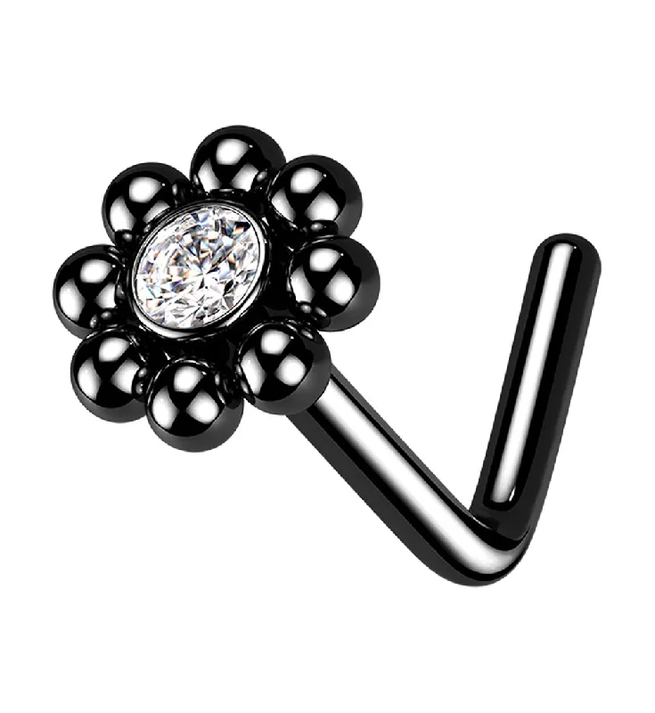 Wave pattern earrings-Black PVD Beaded Flower Clear CZ L Bend Nose Stud