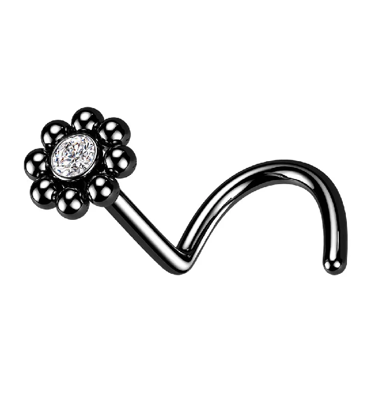 Retro style earrings-Black PVD Beaded Flower CZ Nose Screw Ring