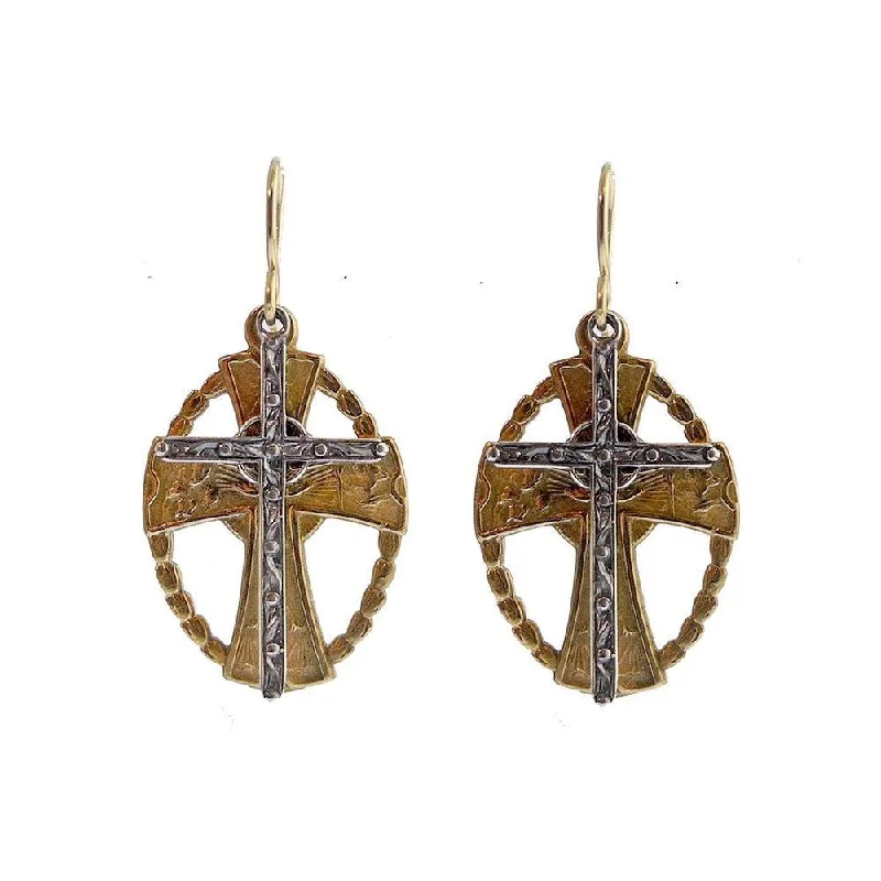 Cushion cut earrings-Bronze and Silver Cross Earrings