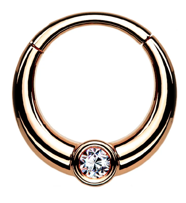 Sapphire teardrop earrings-Central Rose Gold PVD CZ Hinged Segment Hoop Ring