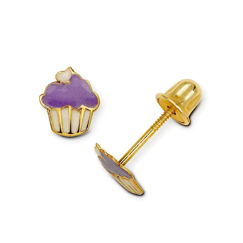 Gold teardrop earrings-Curata 14K Yellow Gold Childrens Small Color Enamel Cupcake Screw Back Stud Earrings