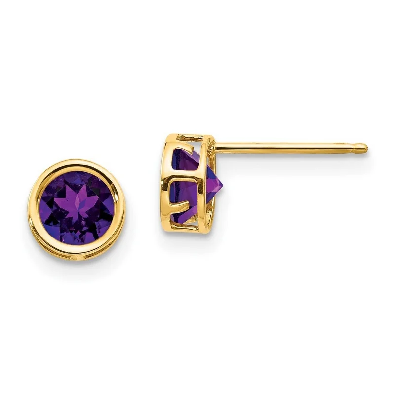 Enamel flower earrings-Curata 14k Yellow Gold Polished Post Earrings 5mm Bezel Amethyst Stud Earrings Measures 5x5mm Wide