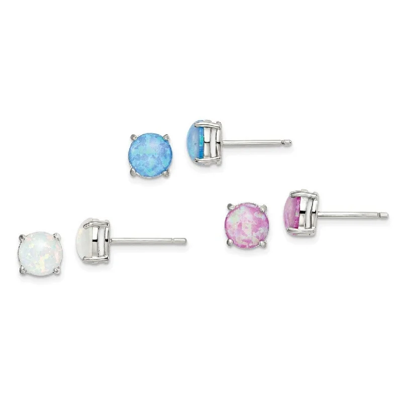 Adjustable hoop earrings-Curata 925 Sterling Silver Pink White and Blue Simulated Opal Stud Three Set Of Earrings Ri Jewelry Gifts for Women