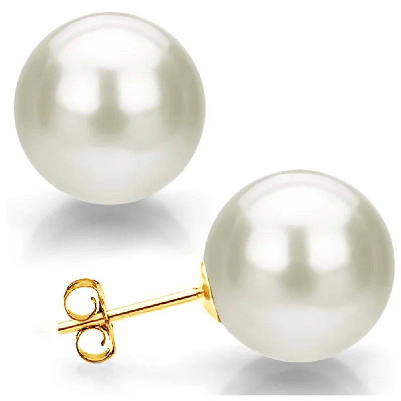 Adjustable hoop earrings-DaVonna 14k Yellow Gold 12mm White Round Shell Pearl Stud Earrings