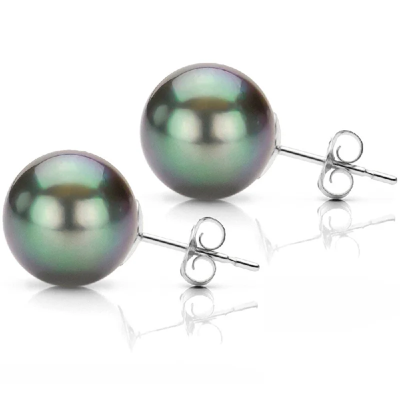 Blue topaz earrings-DaVonna Sterling Silver 10-10.5mm Black Round Tahitian Pearl Stud Earrings