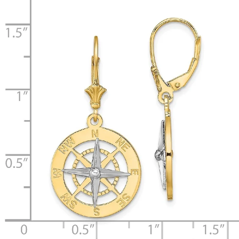 Citrine drop earrings-Diamond2Deal 14K Two-Tone Gold with Rhodium Nautical Compass Leverback Dangle Earrings (L- 1.4 Inch)