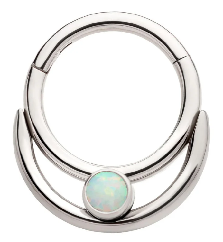 Hexagonal gem earrings-Double Hoop Bezel White Opalite Stainless Steel Hinged Segment Ring