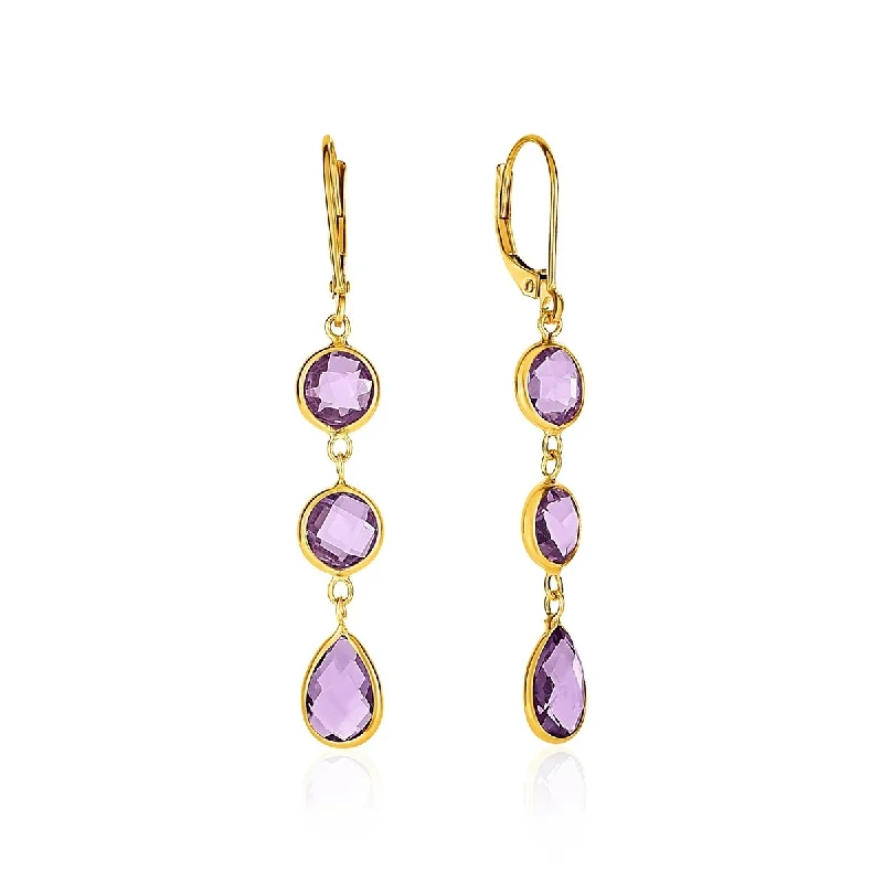 Square stud earrings-Drop Earrings with Round and Pear-Shaped Amethysts in 14k Yellow Gold