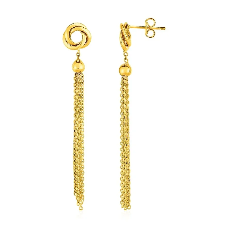 Elegant halo earrings-Earrings with Love Knots and Tassels in 14k Yellow Gold