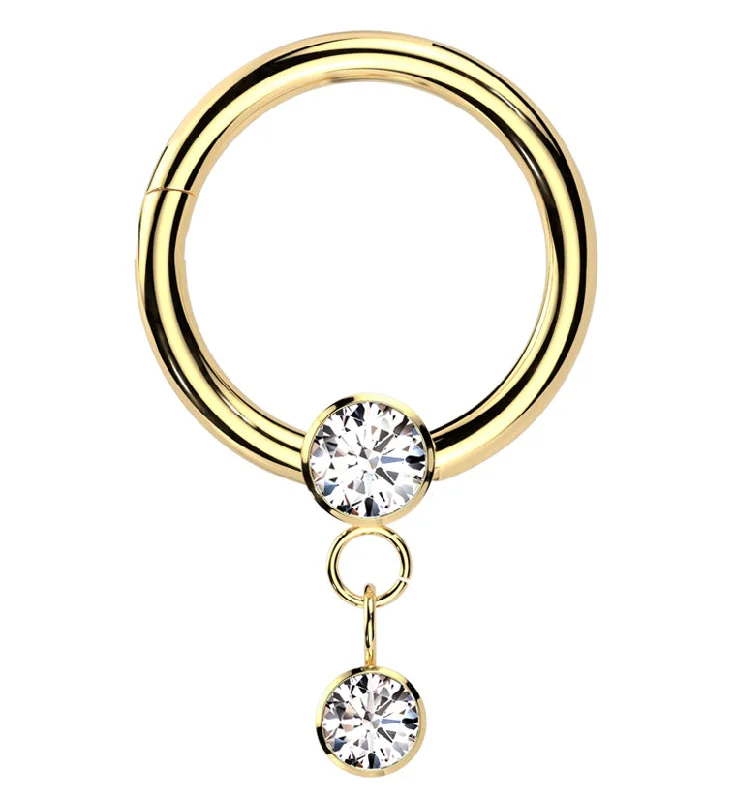 Raw crystal earrings-Gold PVD Bezel Clear CZ Dangle Hinged Segment Ring