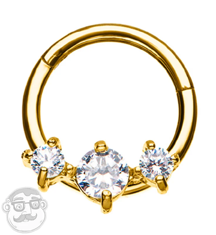 Retro style earrings-Gold PVD Triple CZ Prong Hinged Segment Ring