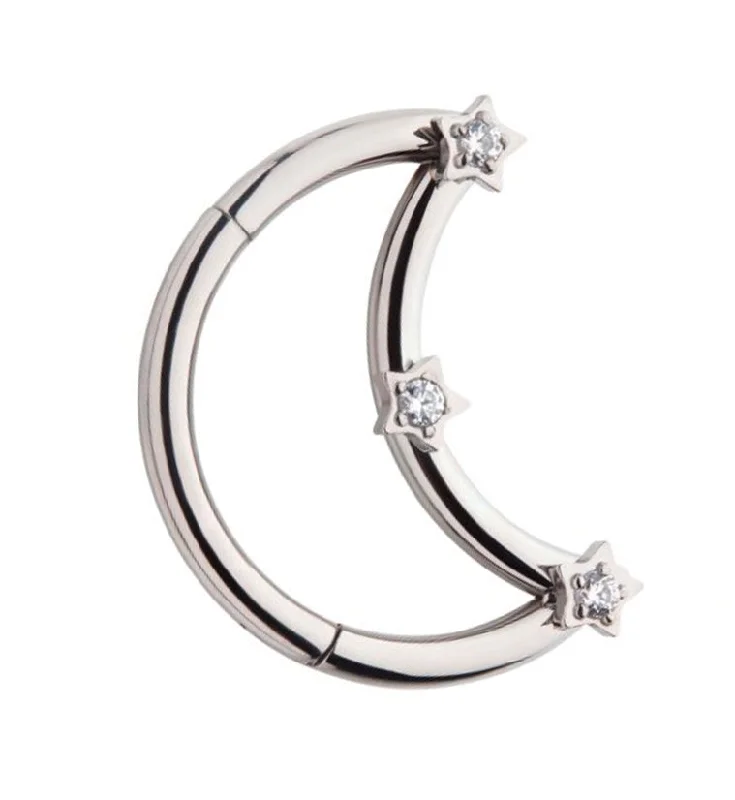 Bold zircon earrings-Half Moon Star CZ Titanium Hinged Segment Ring