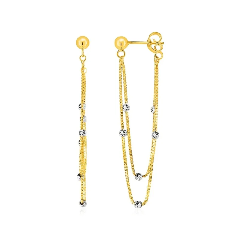 Hexagonal gem earrings-Hanging Chain Post Earrings with Bead Accents in 14k Yellow and White Gold