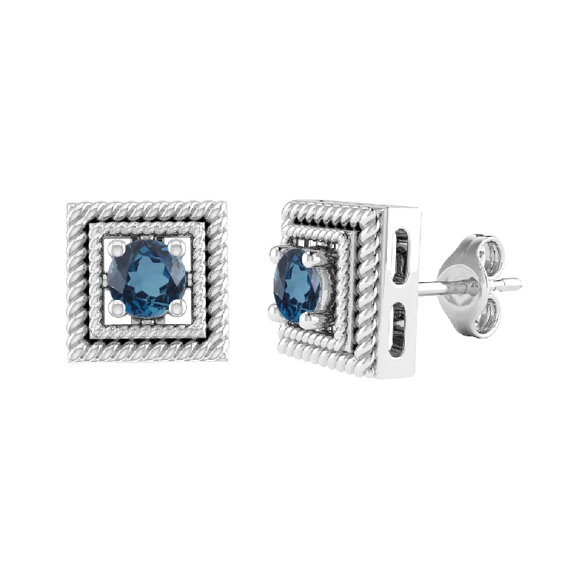 Sunflower charm earrings-Natural London Blue Topaz Sterling Silver Stud Earrings